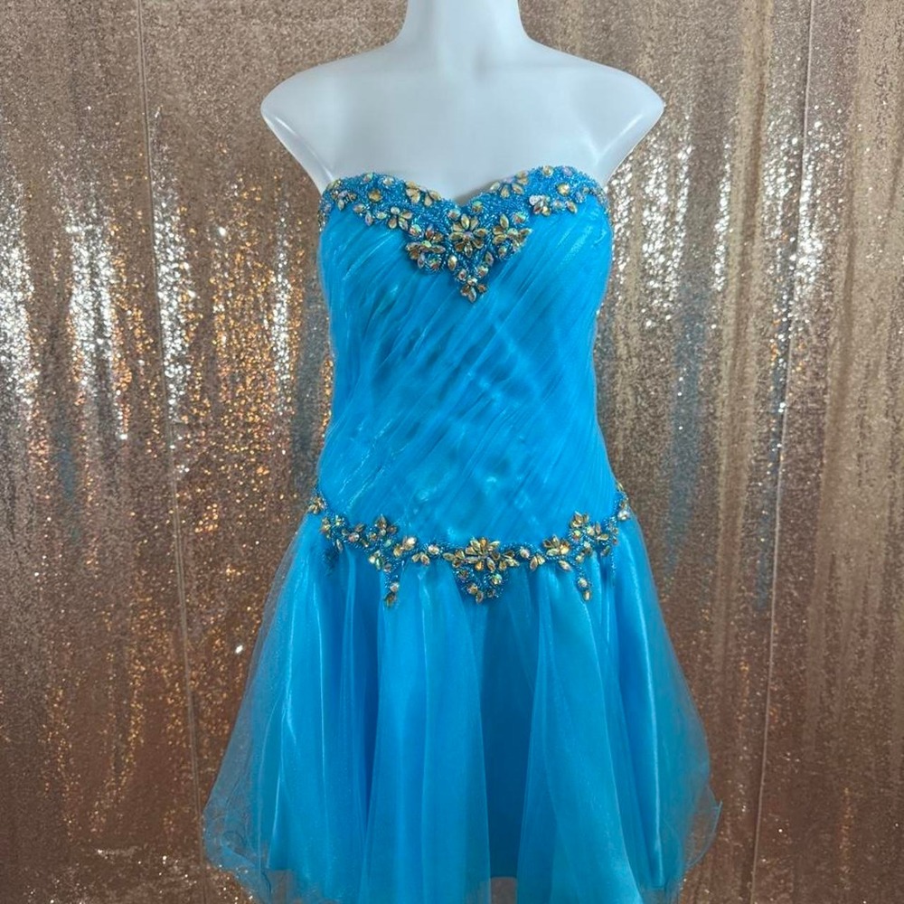 Turquoise Blue Beaded Strapless Tulle Prom Dress Gold Rhinestone/Size 2XL NWT